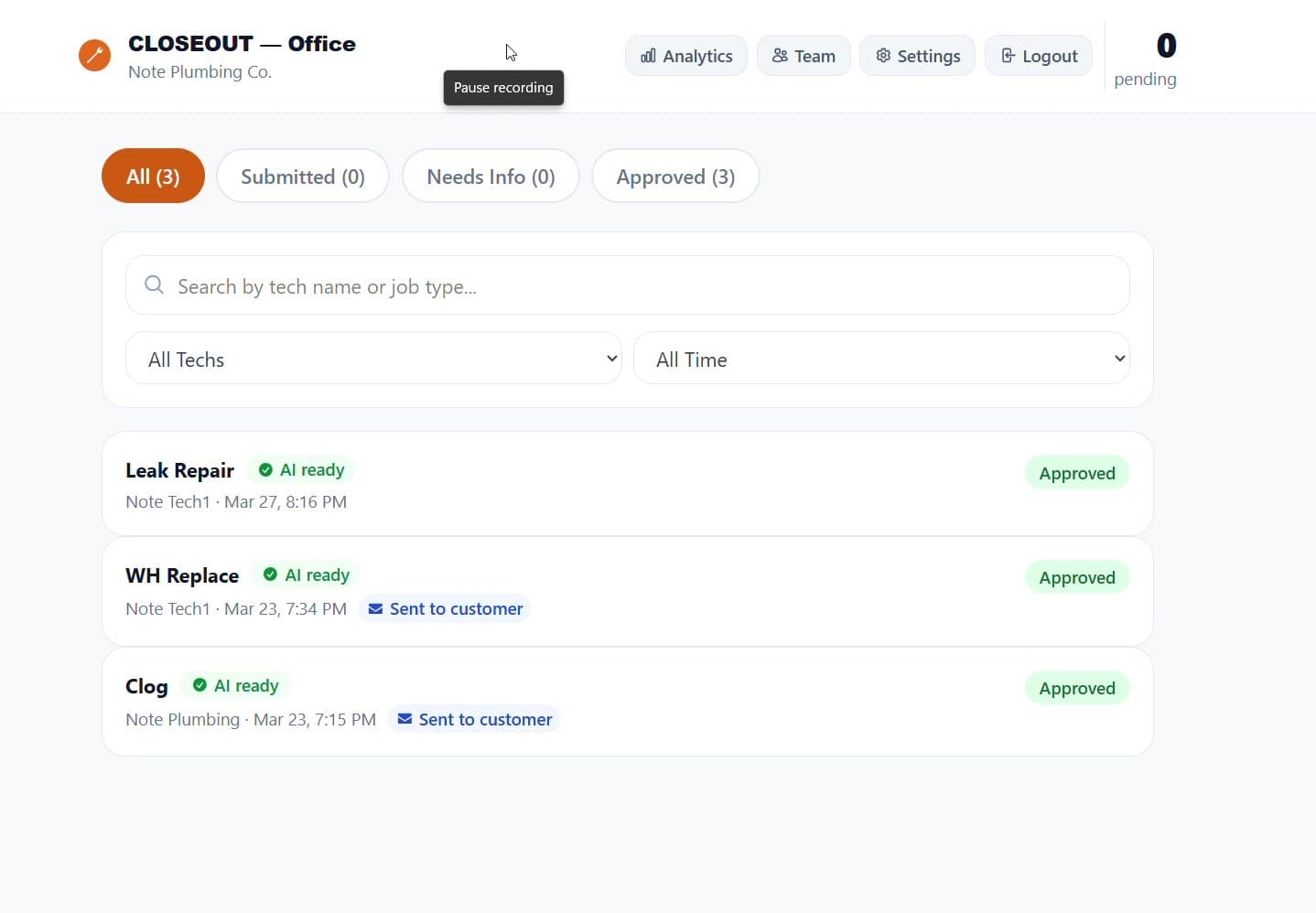 Office dashboard showing all jobs with approval status