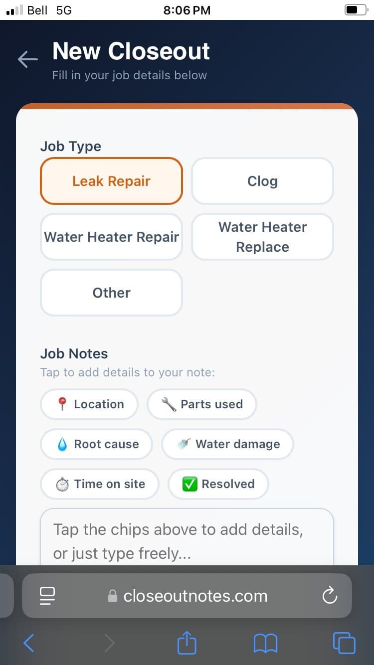 Tech mobile form โ submit closeout